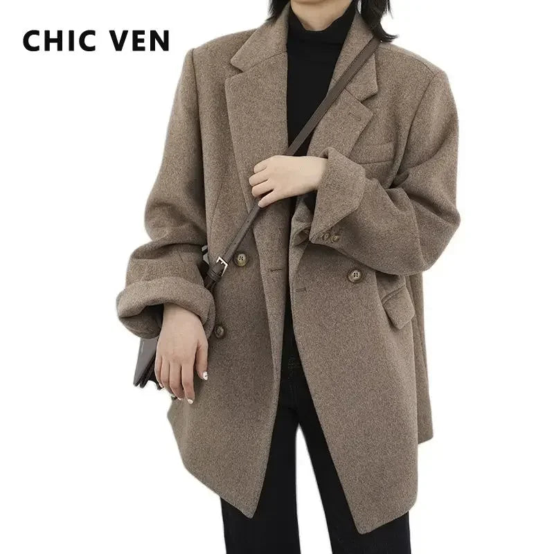 Women Wool Blend Coat Solid Mid Long Woolen Blazer