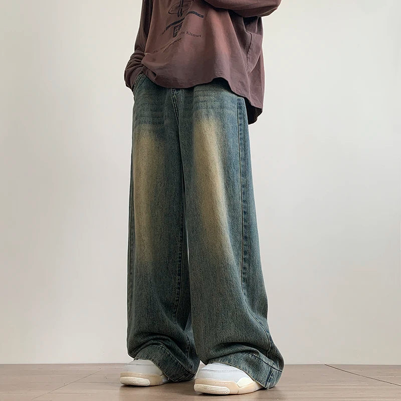 Distressed Vintage Blue Jeans Pants Men Wide-leg Denim