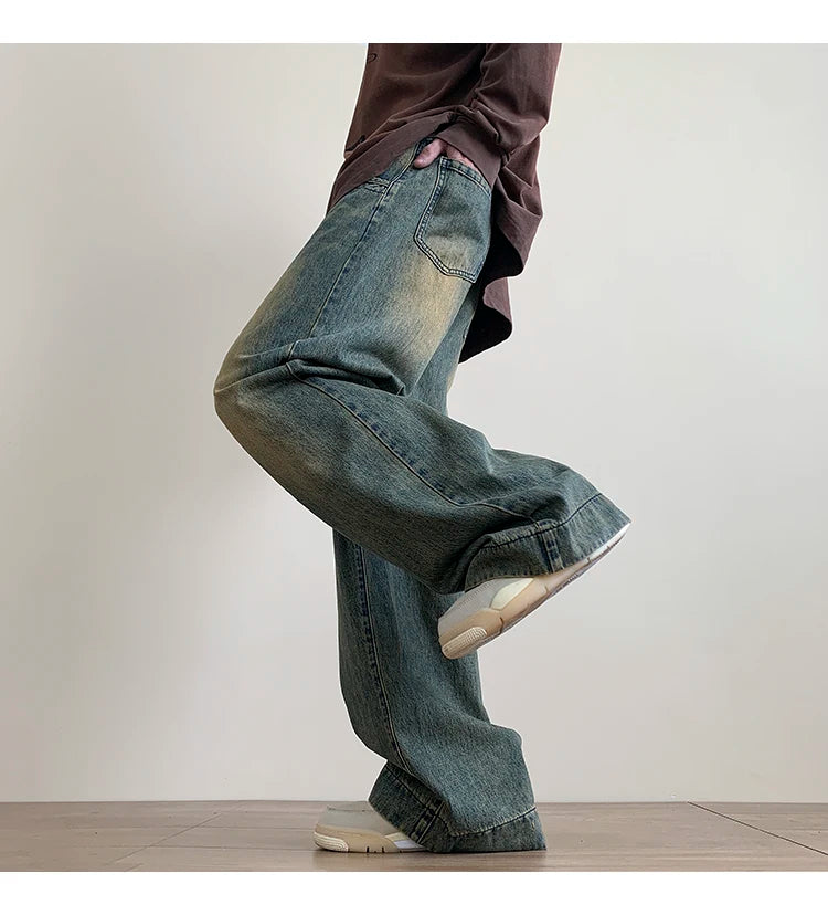 Distressed Vintage Blue Jeans Pants Men Wide-leg Denim