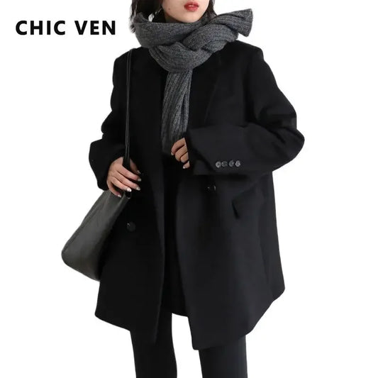 Women Wool Blend Coat Solid Mid Long Woolen Blazer